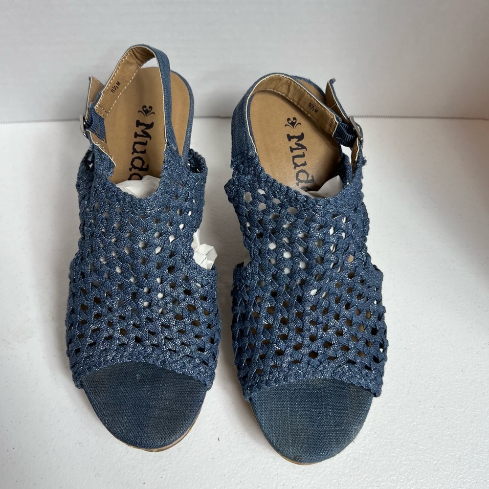 MUDD blue demon Woven Peep Toe Platform Cork Wedge Sandals, size 8 1/2